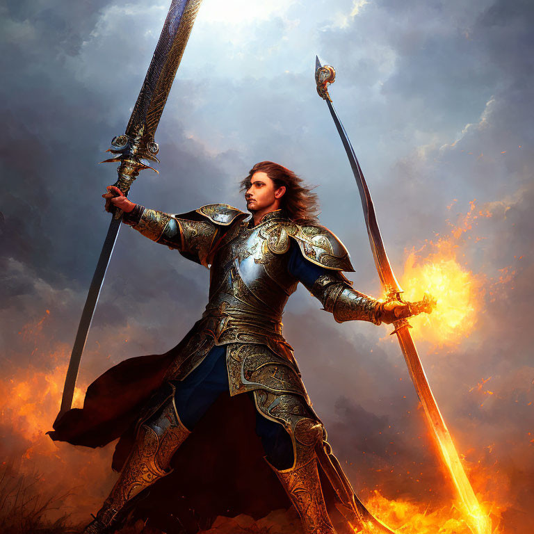 Armored knight with sword and spear in fiery stormy backdrop.