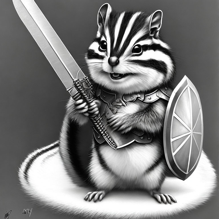 Chipmunk Knight in Monochromatic Illustration: Medieval attire with sword and shield.