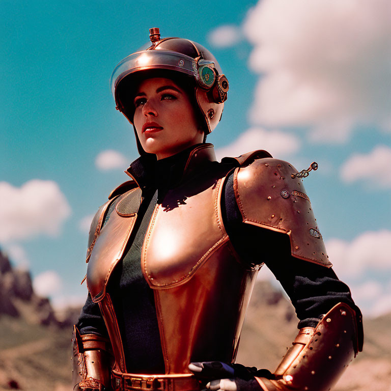 Futuristic armored person with helmet in mountain landscape