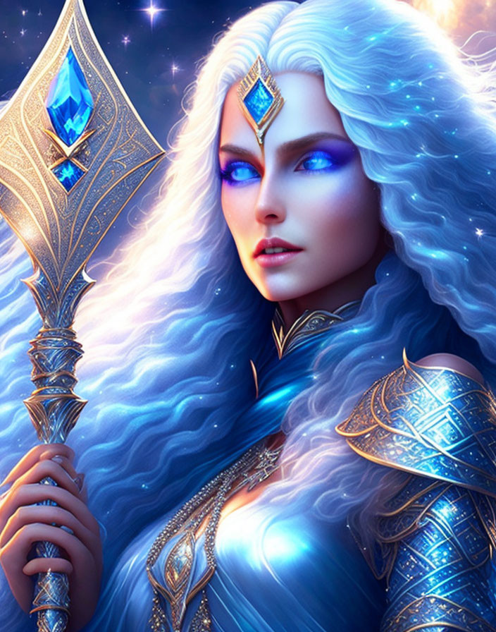 Fantasy digital art: White-haired woman in blue armor with glowing eyes & gem spear