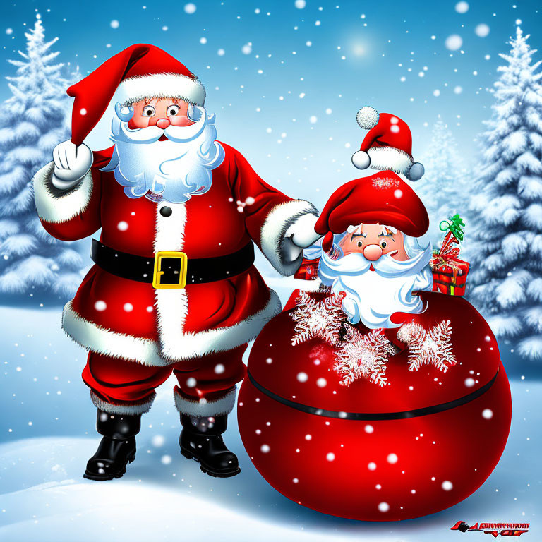 Santa Claus and Mrs. Claus on red bauble in snowy scene