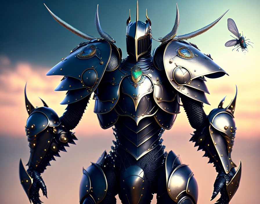 Detailed illustration: Knight in insect-inspired armor against dusk sky, with metallic blue sheen.