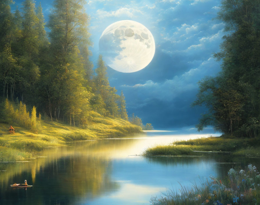 Tranquil moonlit lake scene with woods and solitary figure on boat