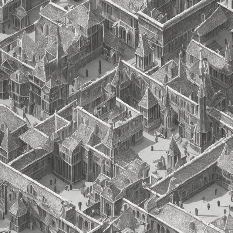 Detailed Monochrome Illustration of Complex Architectural Maze