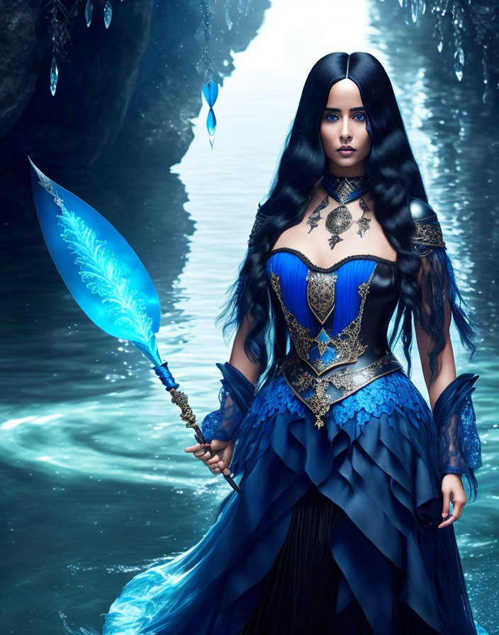 Fierce woman in blue and black fantasy attire with glowing spear in mystic cave