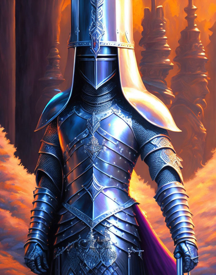 Knight in Shining Armor Against Fiery Backdrop and Towers