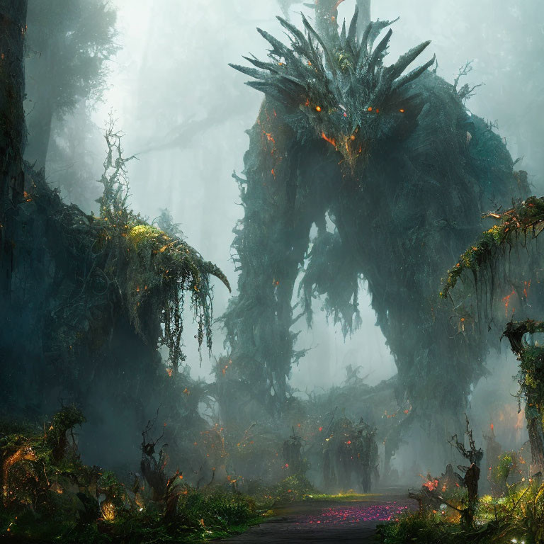 Giant forest creature with glowing eyes and antlers in misty woodland