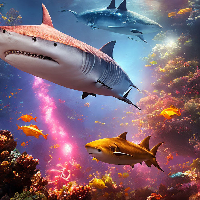 Vibrant Underwater Scene: Sharks, Colorful Fish, and Coral Reefs