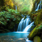 Mystical cascade surrounded by vibrant foliage, flowers, and butterflies