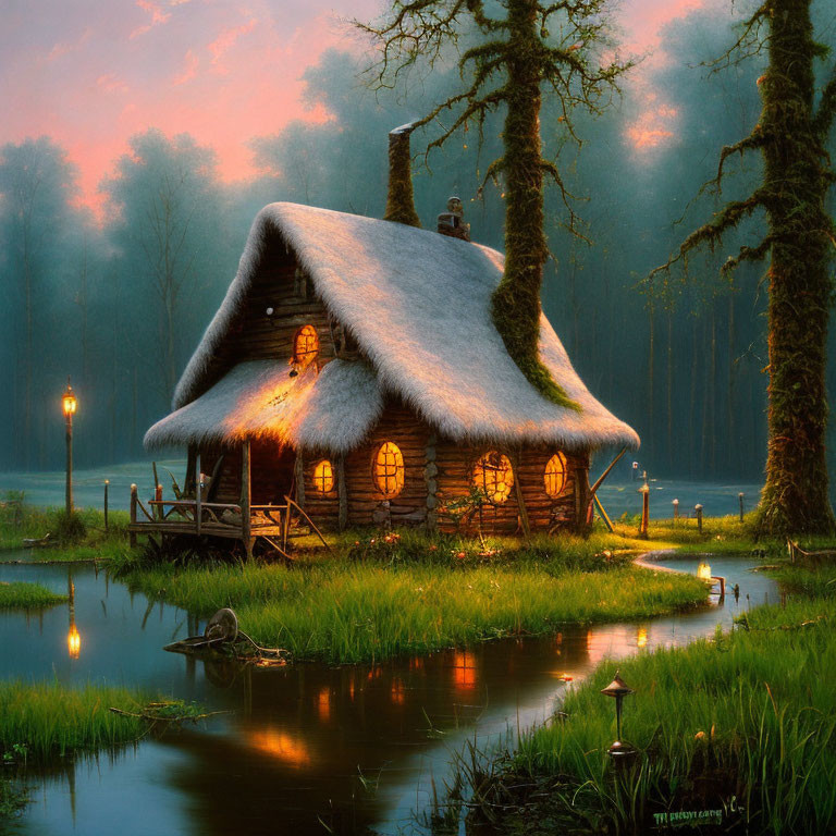 Enchanting Thatched Cottage in Serene Forest Clearing at Twilight