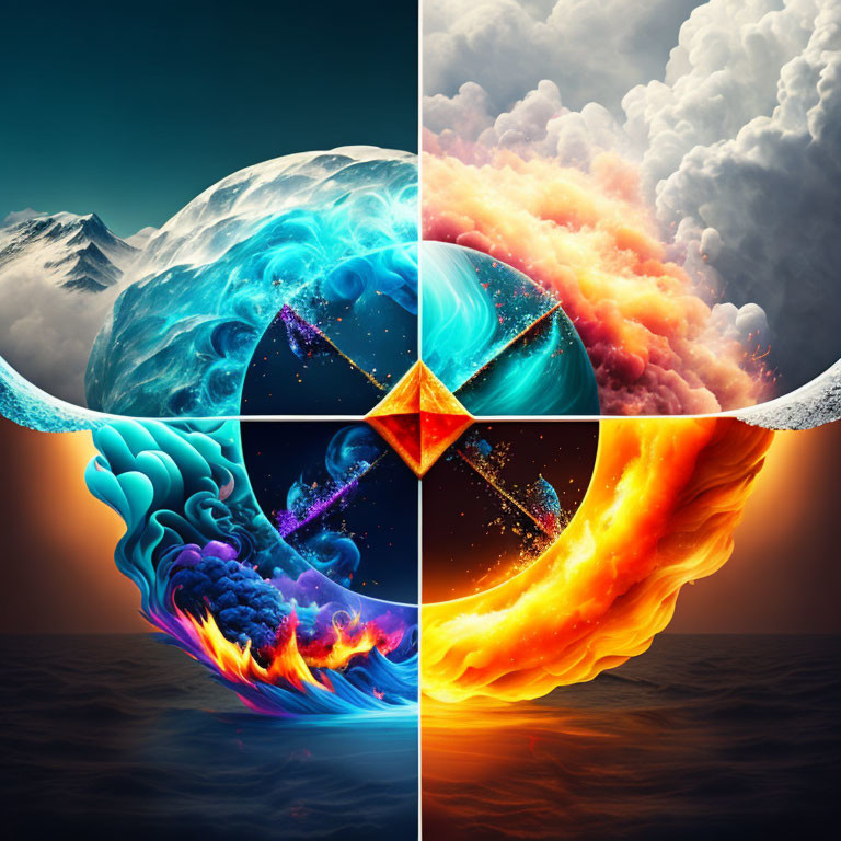 Surreal collage with icy mountain, fiery inferno, starry space, stormy sky quadr