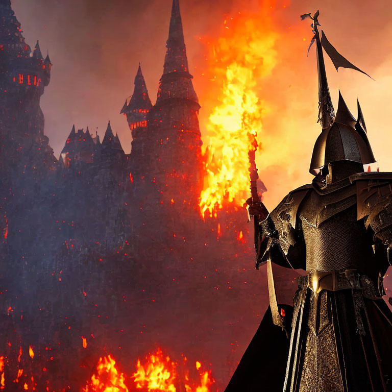 Dark-armored knight in front of fiery castle landscape.