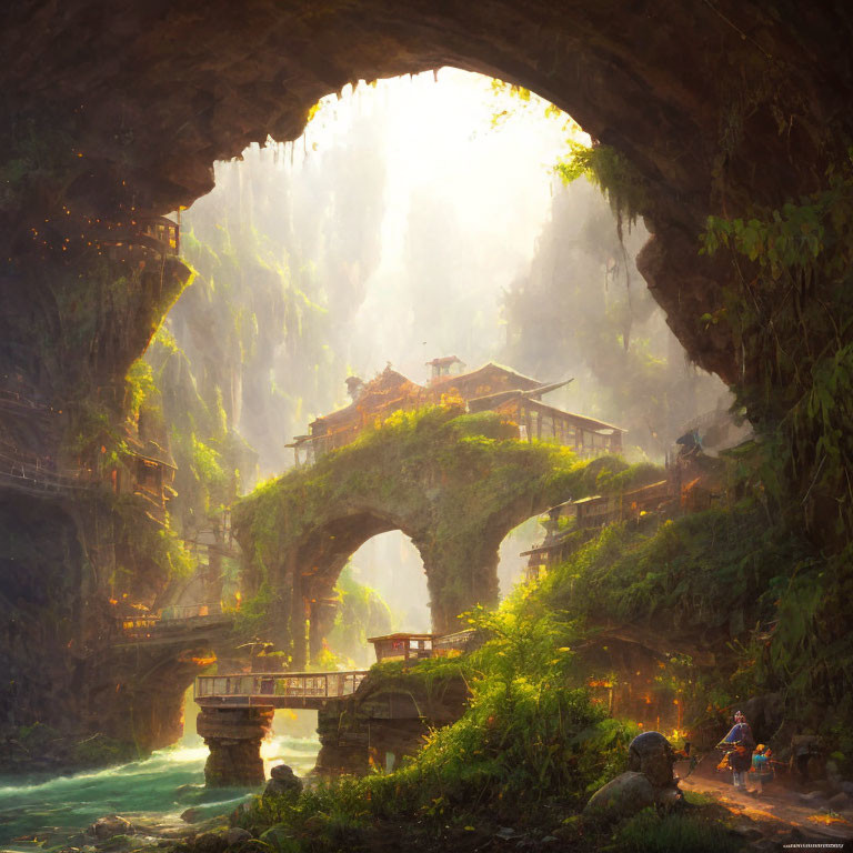 Mystical landscape with ancient bridge and traditional buildings in warm sunlight