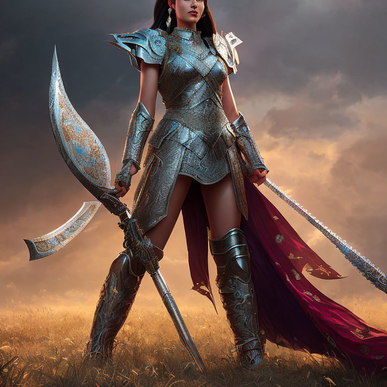 Fantasy woman in elaborate armor with large axe in dramatic setting