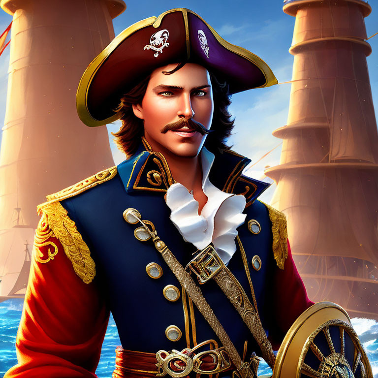 Illustration of male pirate with mustache in red and blue captain's attire.