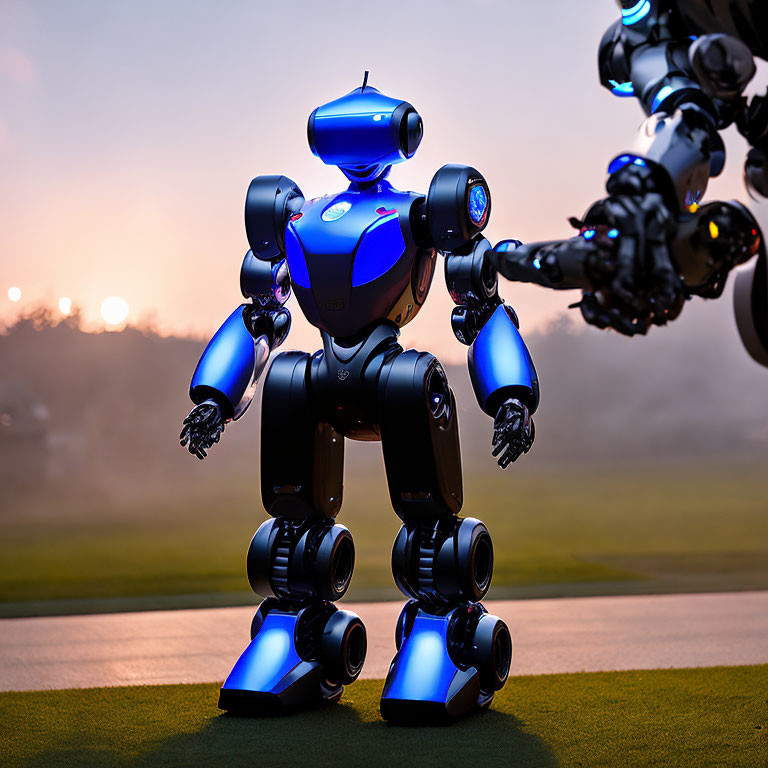 Blue and Black Robot Standing on Grass with Sunrise or Sunset Background