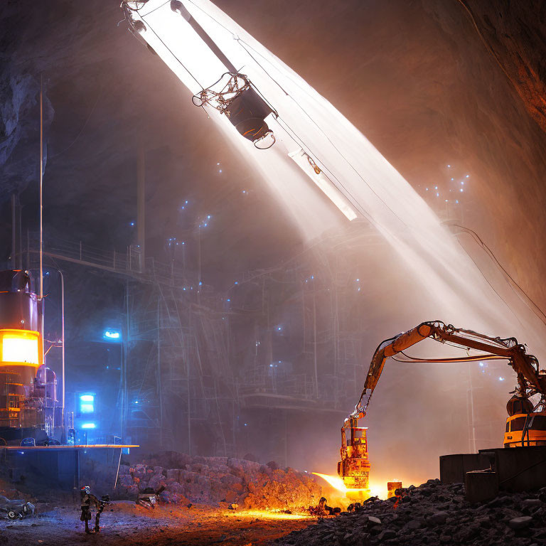 Industrial underground mining operation with heavy machinery and workers in cavernous space