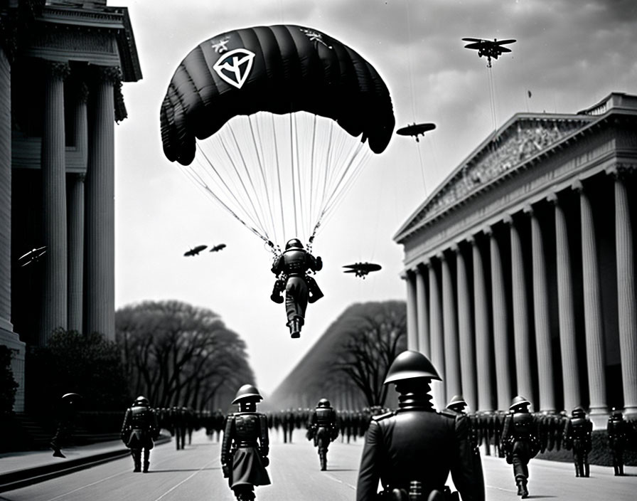 Monochrome image: Soldier parachuting, drones, soldiers marching, classical buildings