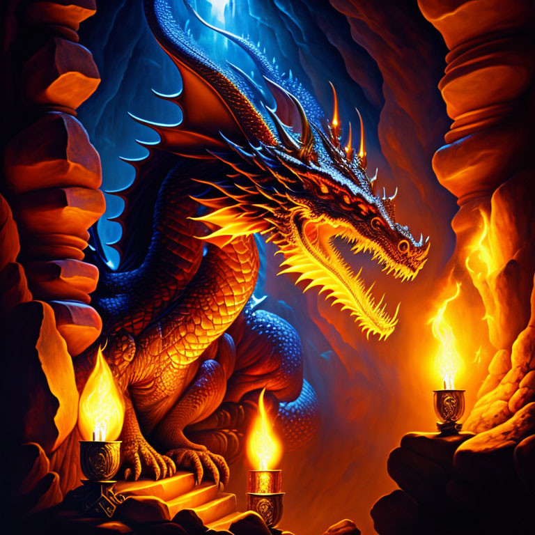 Majestic dragon in fiery cavern with torch and chalice.