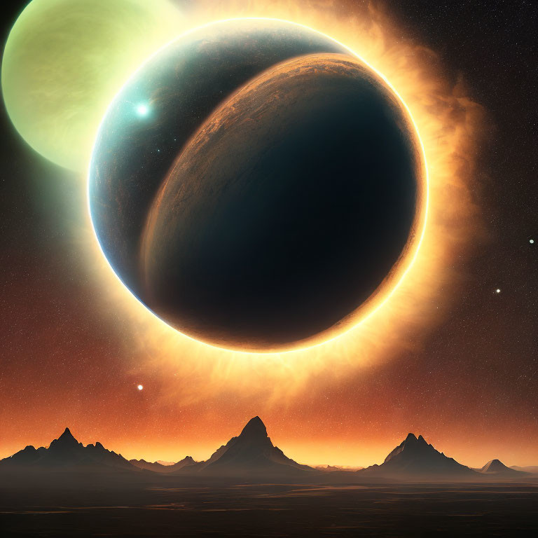 Sci-Fi Landscape with Solar Eclipse, Planets, and Fiery Corona