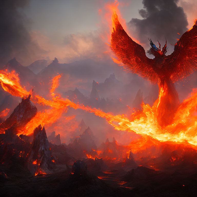 Fiery landscape with molten lava, jagged rocks, and imposing dragon.