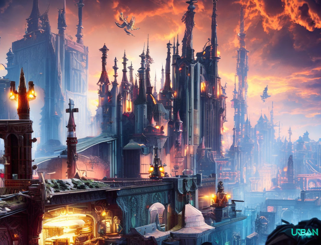 Gothic cityscape with flying creatures in twilight glow