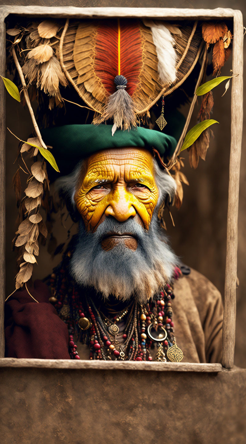 Elderly person in traditional attire with painted face and feathers, surrounded by dried plants