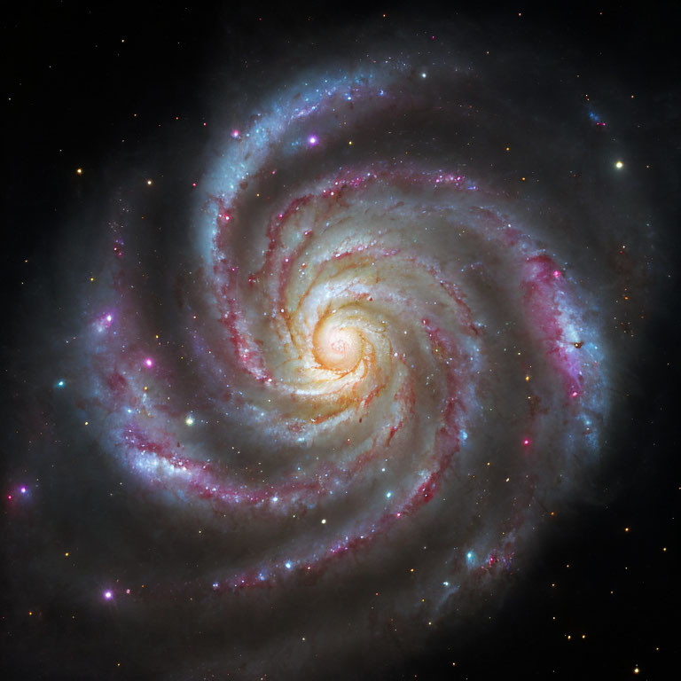 Spiraling Galaxy with Pink Star-Forming Regions and Brilliant Stars