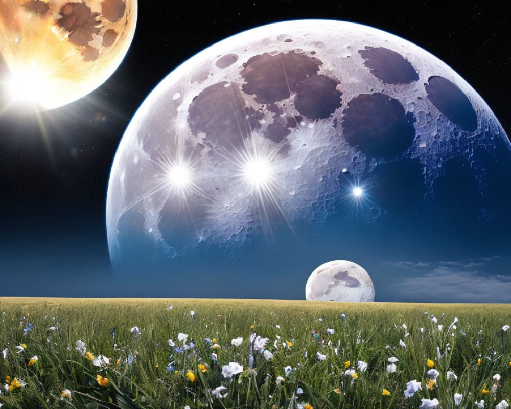 Surreal landscape with oversized moon, planet, stars, and flowers