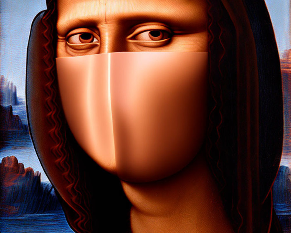 Digitally Altered Mona Lisa with Surreal Features and Iconic Landscape