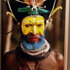 Elderly person in traditional attire with painted face and feathers, surrounded by dried plants