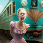 Vintage pink dress woman screams near approaching blue train