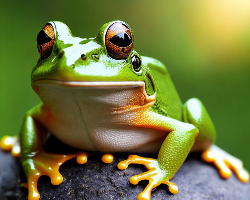 Colorful Frog with Orange Feet and Brown Eyes on Round Surface in Green Setting