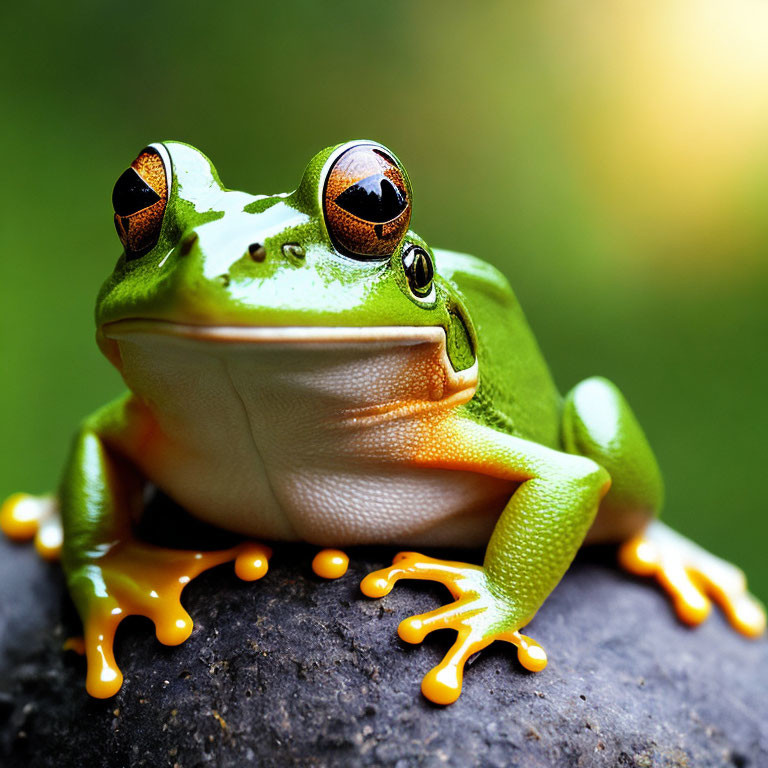 Colorful Frog with Orange Feet and Brown Eyes on Round Surface in Green Setting