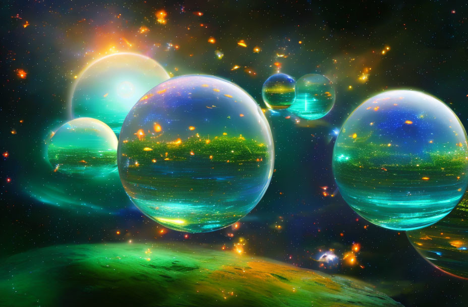 Translucent spheres in vibrant cosmic scene with starlit landscapes