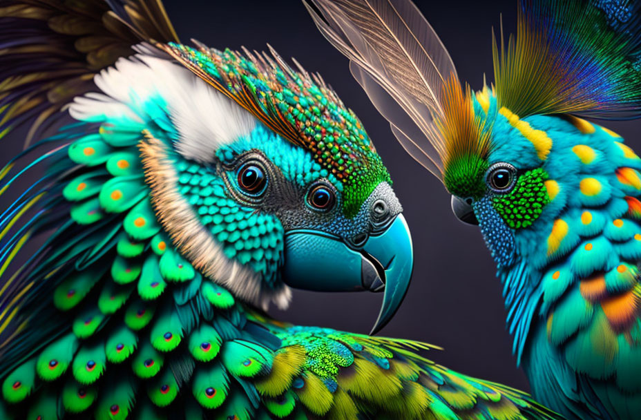 Colorful Parrots with Green and Blue Feathers on Dark Background