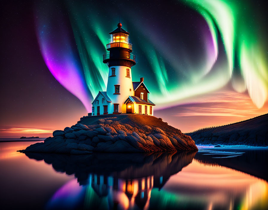 Lighthouse on Rocky Shore at Dusk with Aurora Borealis