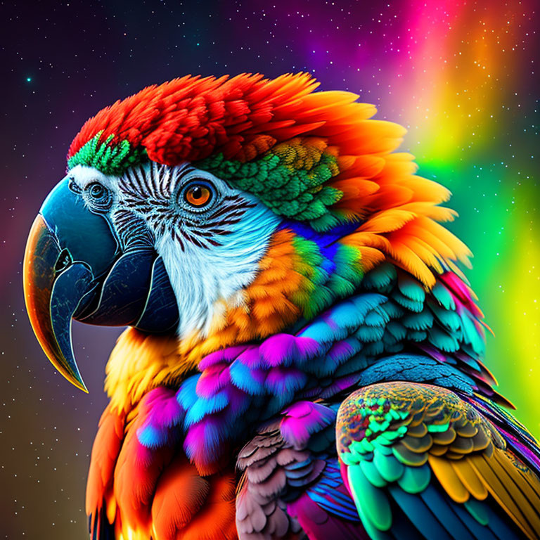 Colorful Parrot on Rainbow Background: Red, Green, Blue, and Orange Feathers