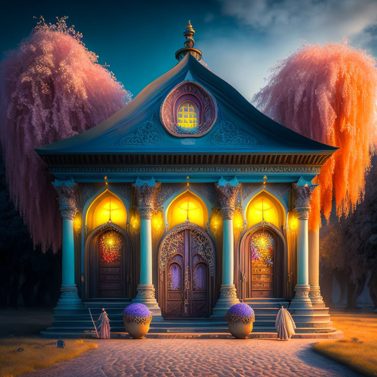 Blue Pavilion with Golden Details Surrounded by Pink Trees and Topiaries at Twilight