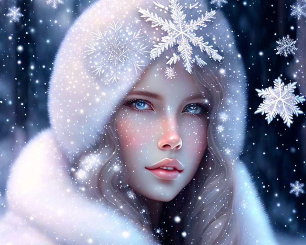 Digital artwork: Woman with blue eyes in white cloak, snowflakes, snowy backdrop