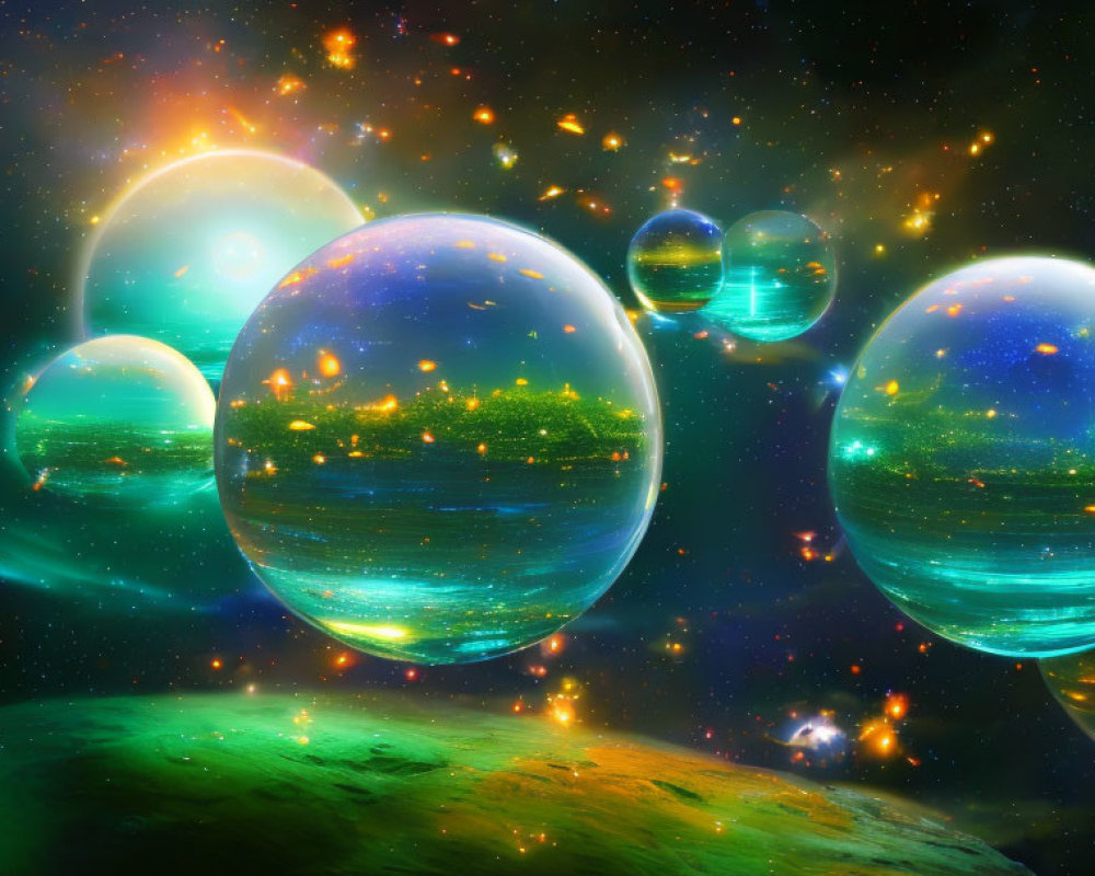 Translucent spheres in vibrant cosmic scene with starlit landscapes