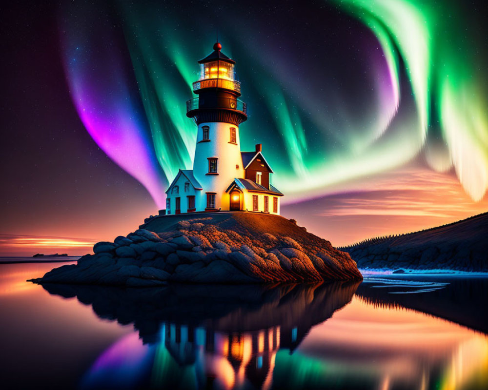 Lighthouse on Rocky Shore at Dusk with Aurora Borealis