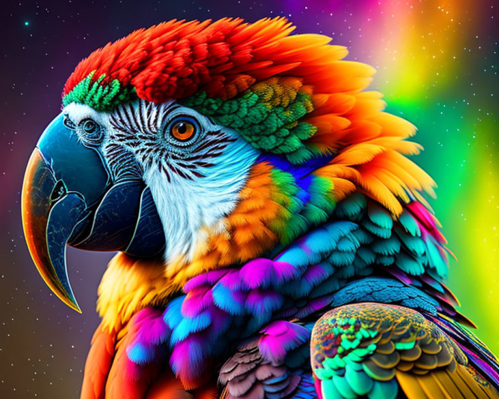 Colorful Parrot on Rainbow Background: Red, Green, Blue, and Orange Feathers