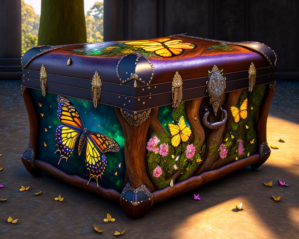 Illustrated Chest with Butterfly and Floral Designs on Tree Trunk Base