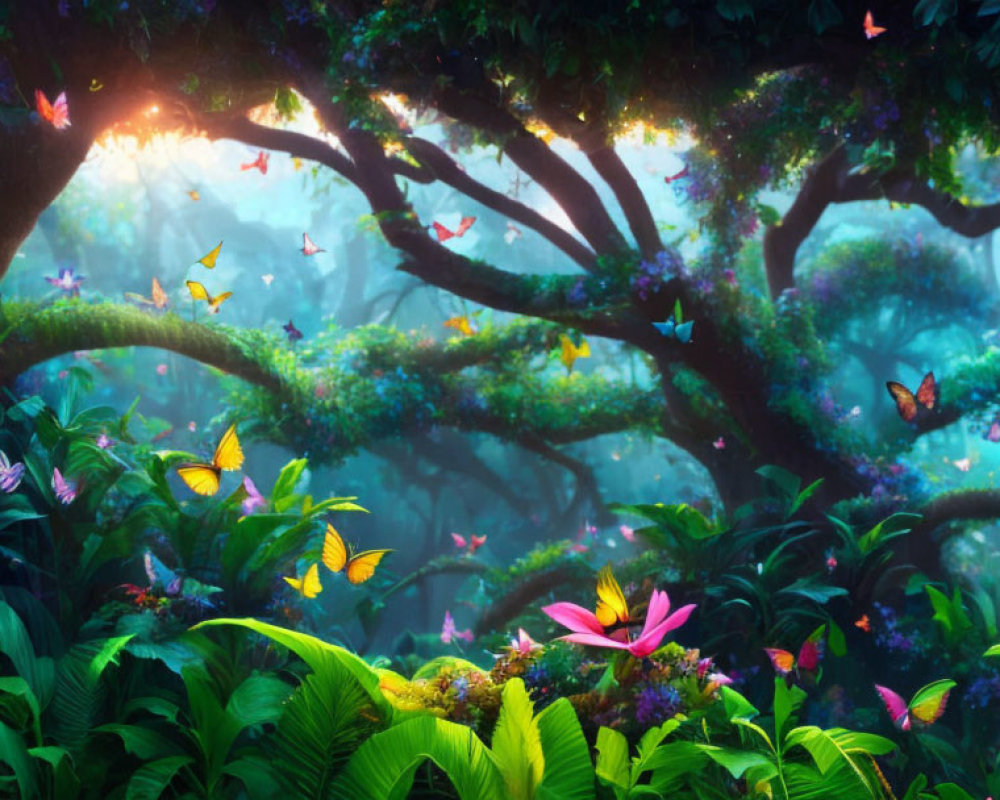 Enchanted forest with lush green trees, colorful butterflies, and pink flowers in soft blue light