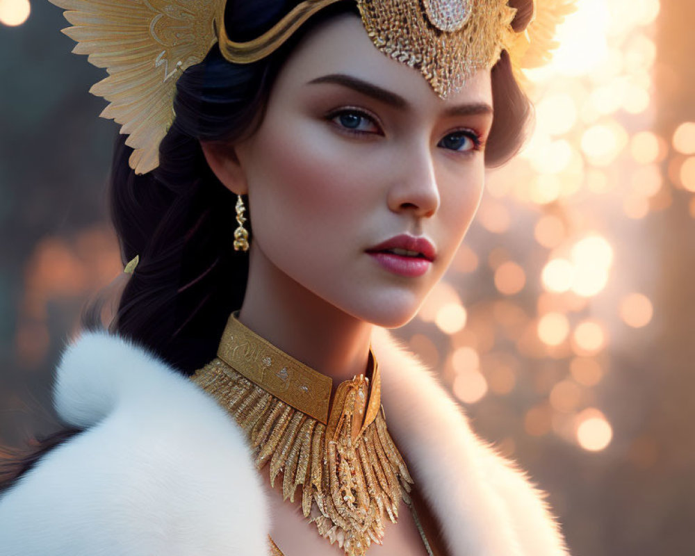 Portrait of Woman with Striking Blue Eyes in Regal Helmet and Fur - Warm Bokeh Background