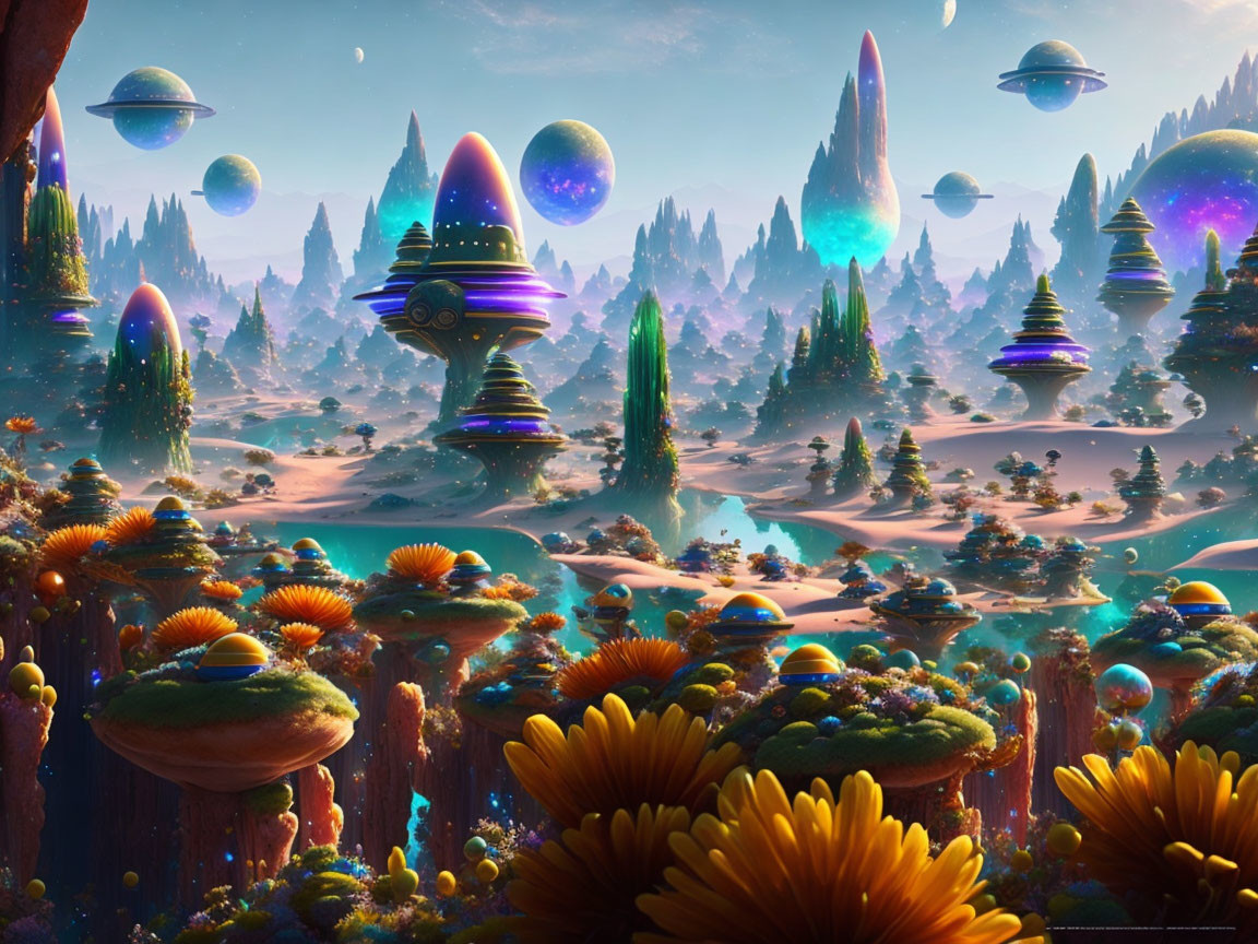 Colorful alien landscape with fantastical forests and floating structures