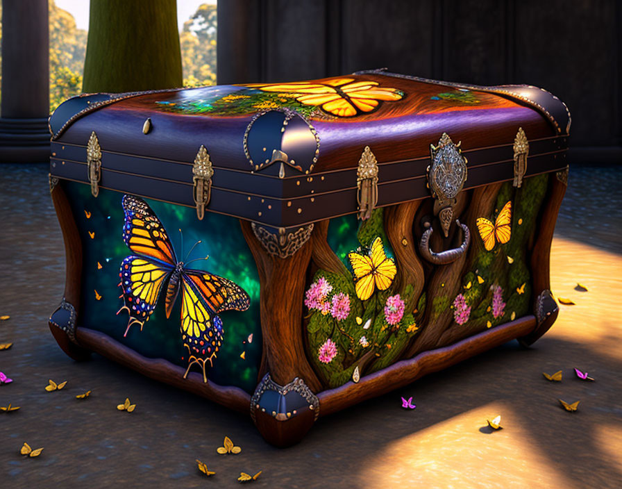 Illustrated Chest with Butterfly and Floral Designs on Tree Trunk Base