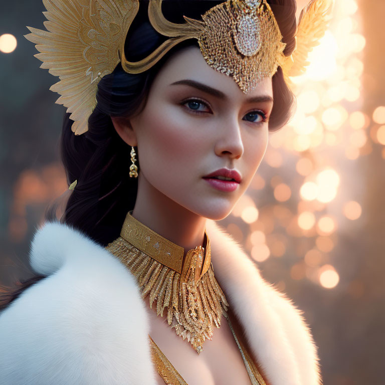 Portrait of Woman with Striking Blue Eyes in Regal Helmet and Fur - Warm Bokeh Background