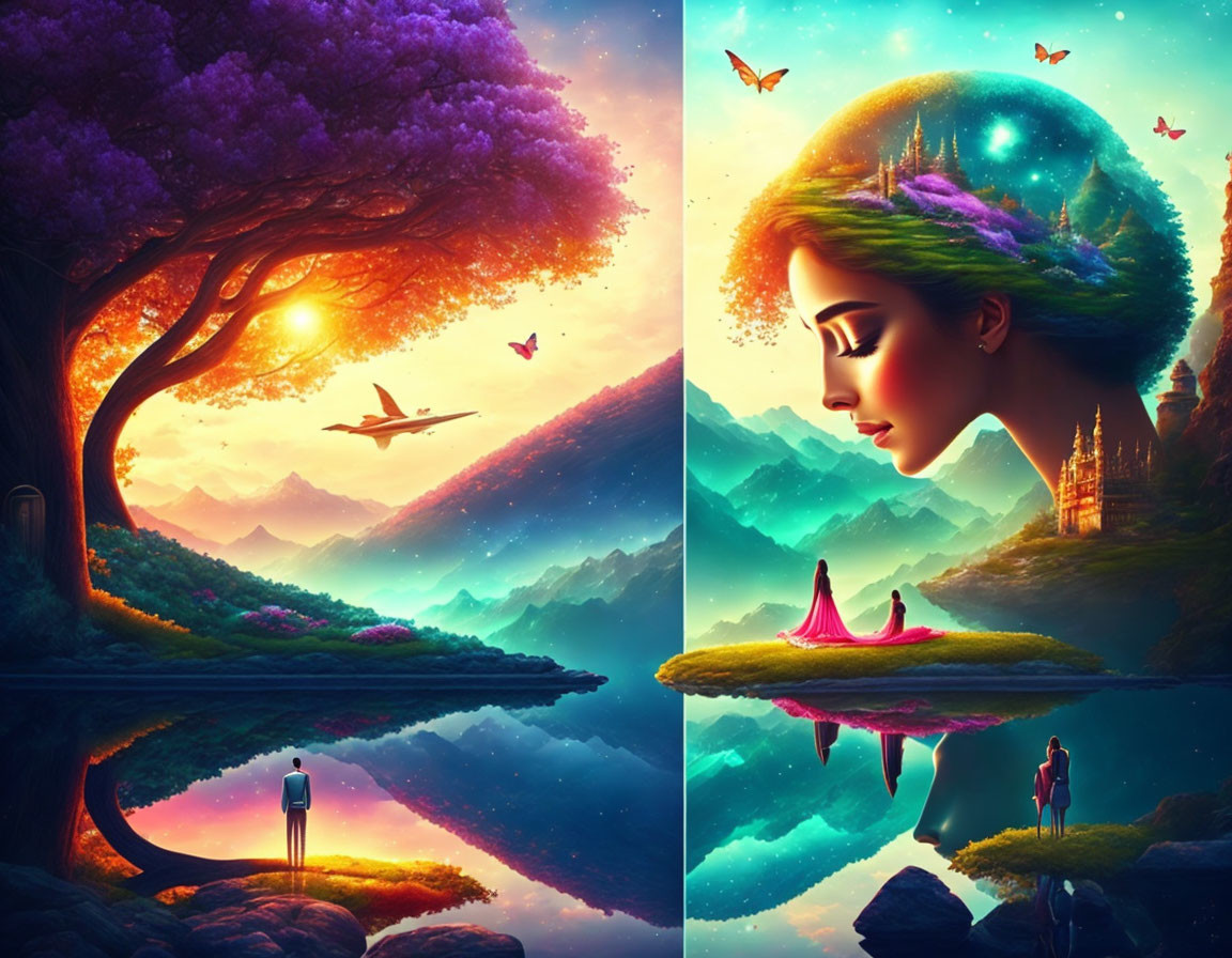 Split-image: Serene landscape & woman with galaxy hairstyle blending nature & fantasy